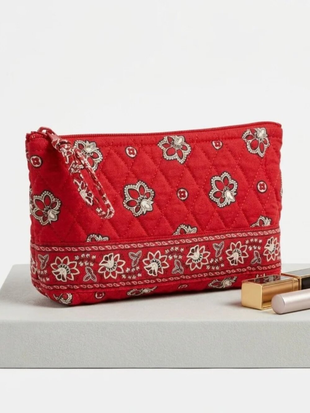 Vera Bradley Red Quilted Floral Cosmetics Bag Cotton Makeup Pouch